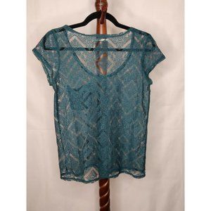 Kimchi Blue women's size S sheer lace dark green scoop neck cap sleeve pocket